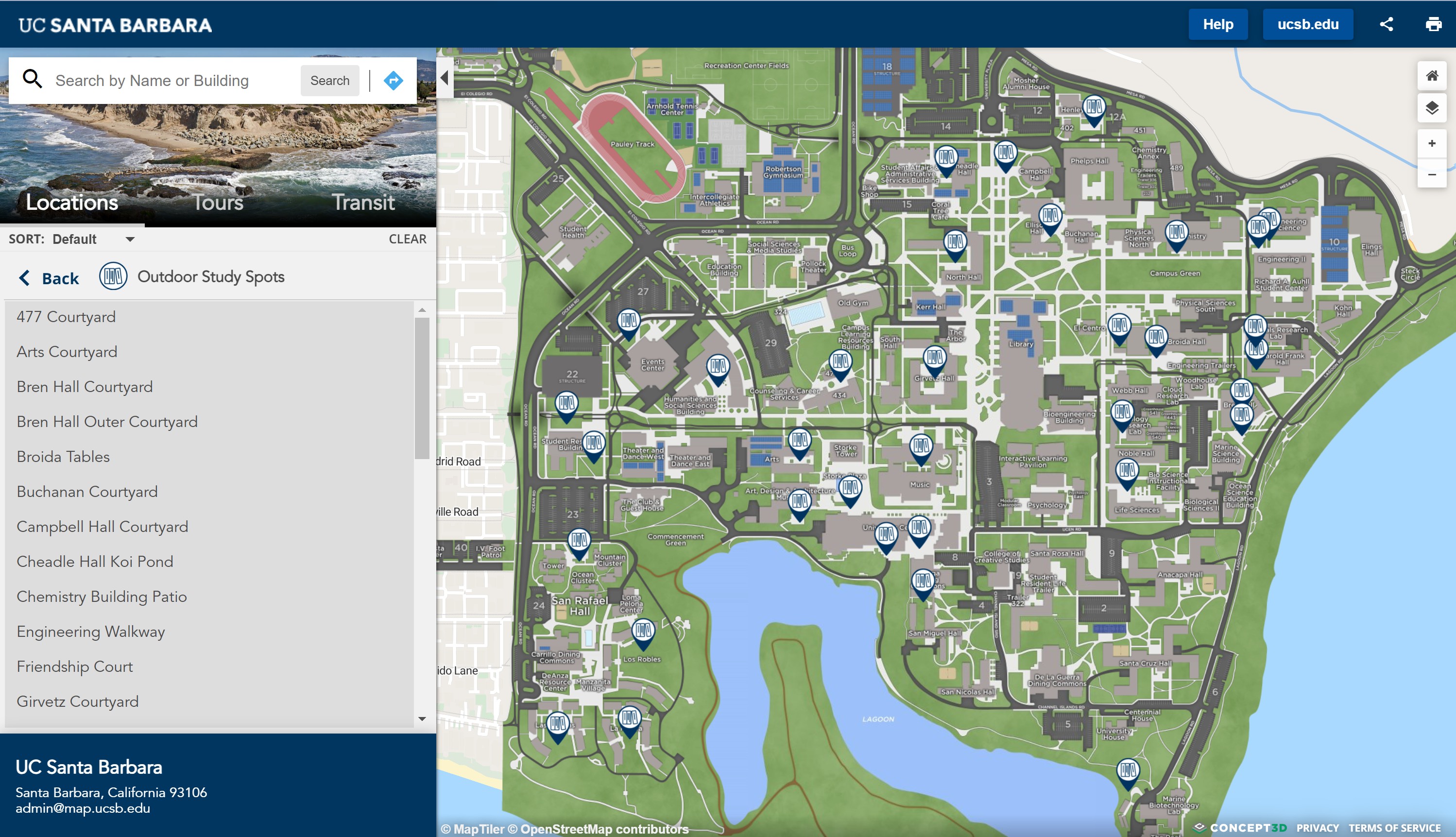 Screen Shot of UCSB Interactive Map with Outdoor Study Spots