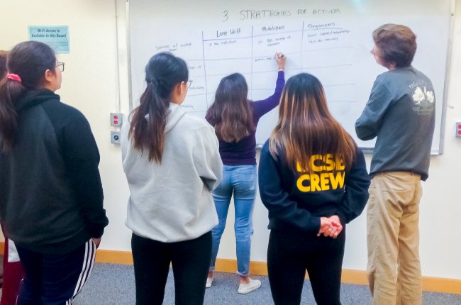 students looking at a white board